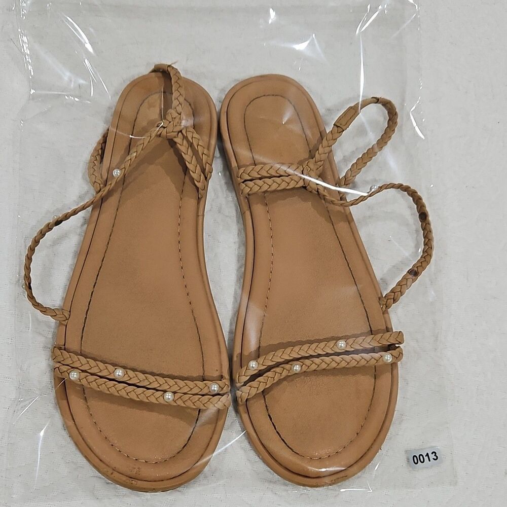 Universal Thread Women’s Tan Braided Pearl Strappy Flat Sandals - Picture 7 of 8